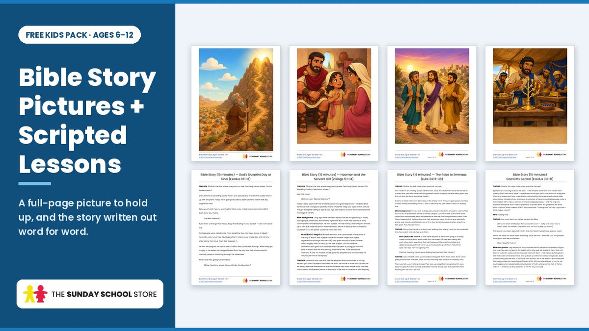 Full-color Bible story pictures and scripted Bible story pages from the free Kids Sunday school lessons