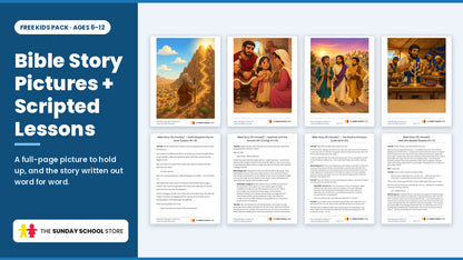 Full-color Bible story pictures and scripted Bible story pages from the free Kids Sunday school lessons