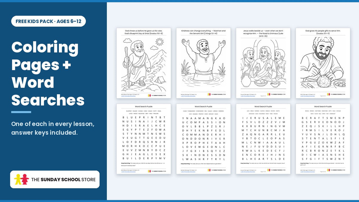 Coloring pages and word searches from the free Kids Sunday school lessons, ages 6 to 12