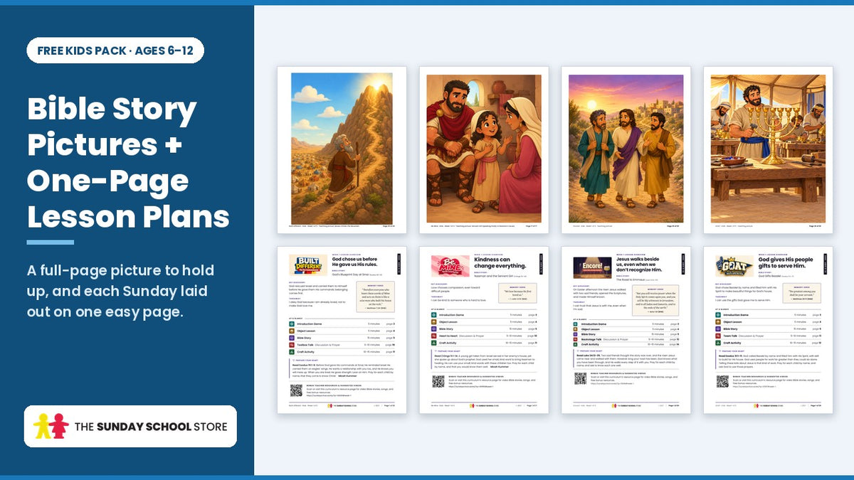 Full-color Bible story teaching pictures and one-page lesson overviews from the free Kids Sunday school lessons, ages 6 to 12