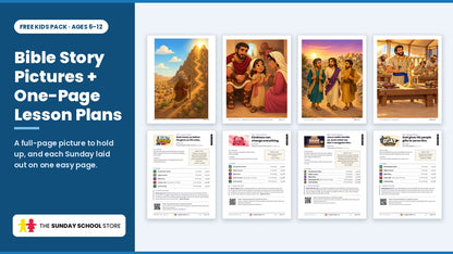 Full-color Bible story teaching pictures and one-page lesson overviews from the free Kids Sunday school lessons, ages 6 to 12