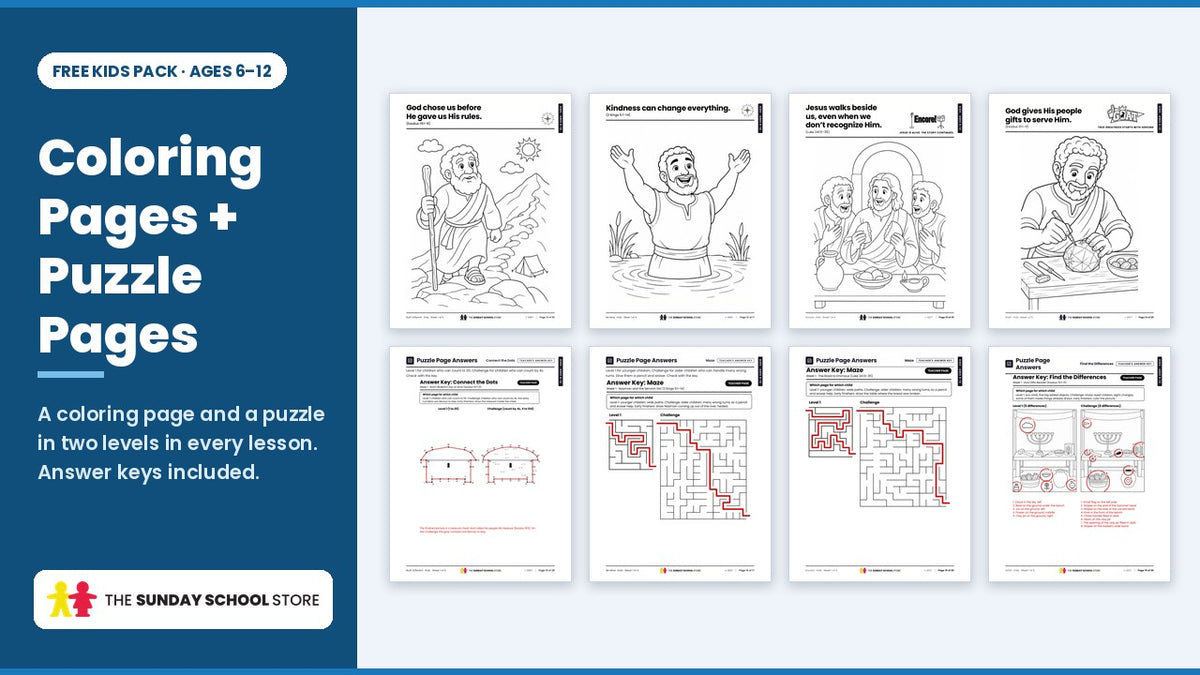 Coloring pages and two-level puzzle answer keys (connect the dots, mazes, find the differences) from the free Kids Sunday school lessons