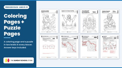 Coloring pages and two-level puzzle answer keys (connect the dots, mazes, find the differences) from the free Kids Sunday school lessons