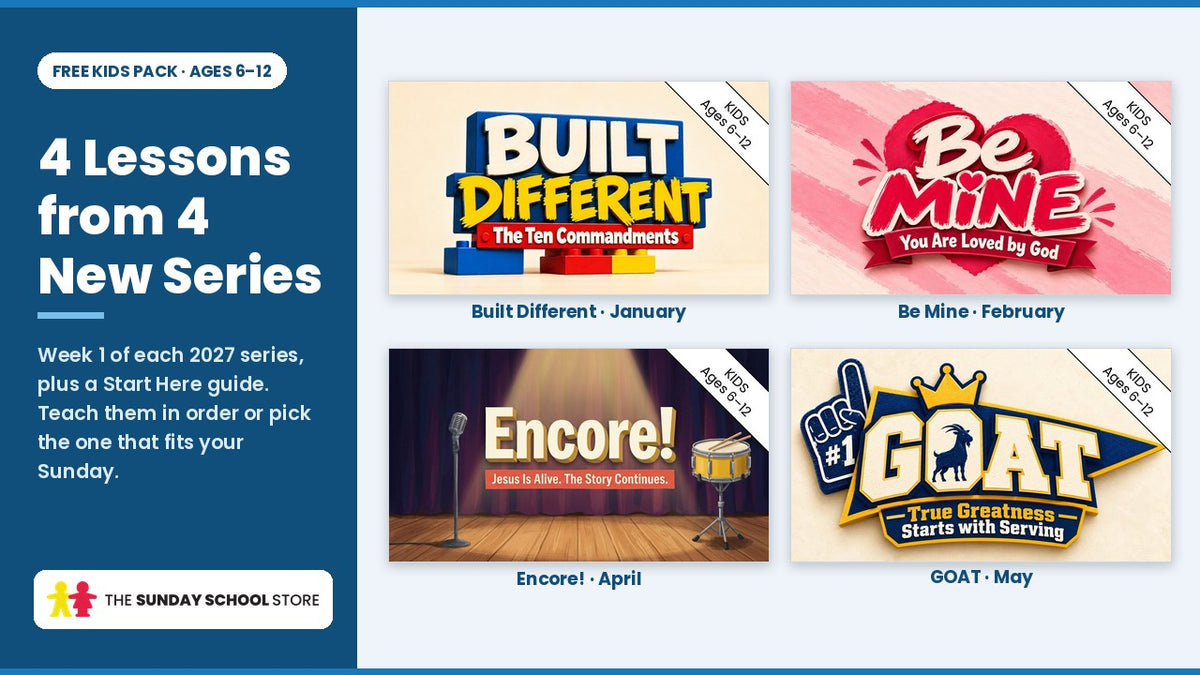 Title graphics of the four series in the free Kids pack: Built Different (January), Be Mine (February), Encore! (April) and GOAT (May)