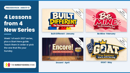 Title graphics of the four series in the free Kids pack: Built Different (January), Be Mine (February), Encore! (April) and GOAT (May)