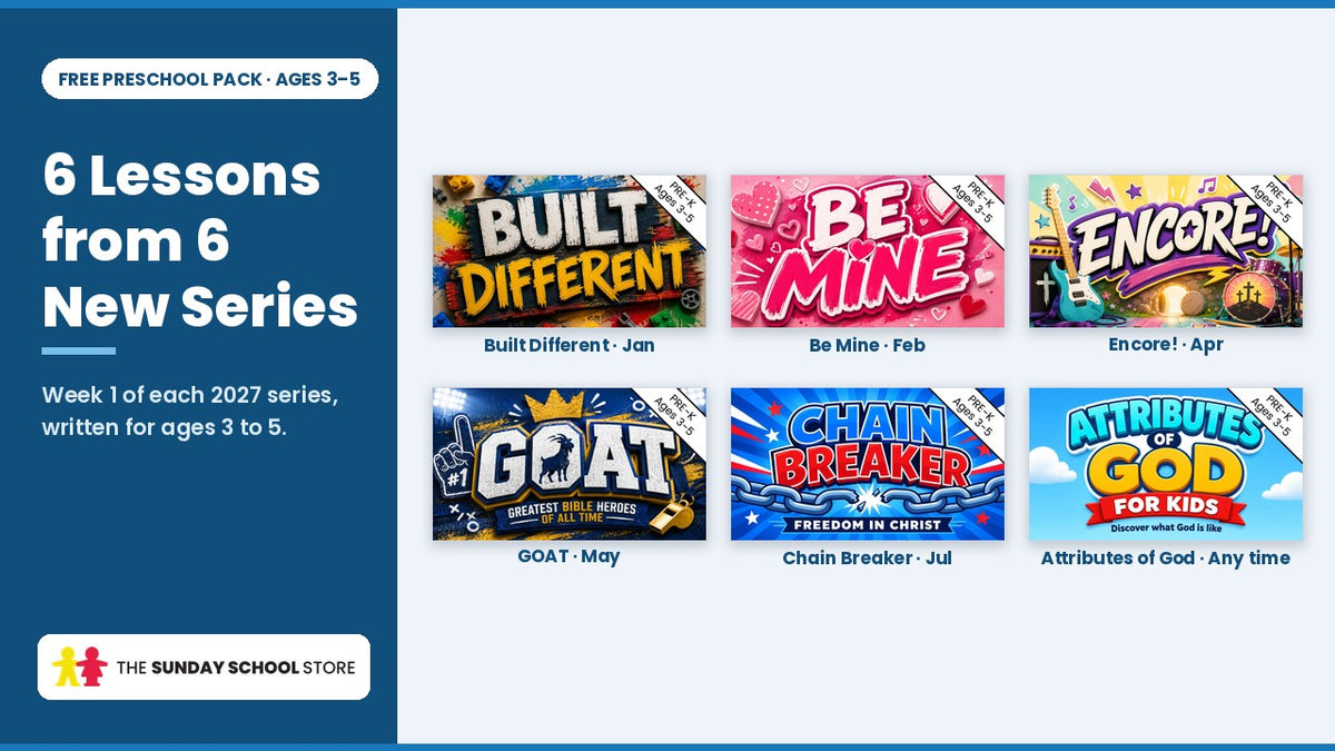 Title graphics of the six series in the free Preschool pack: Built Different, Be Mine, Encore!, GOAT, Chain Breaker and Attributes of God