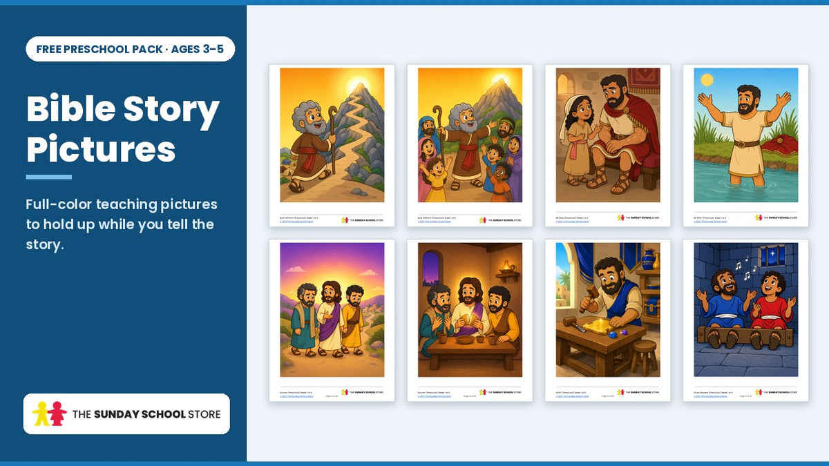 Full-color Bible story teaching pictures from the free preschool Sunday school lessons, ages 3 to 5