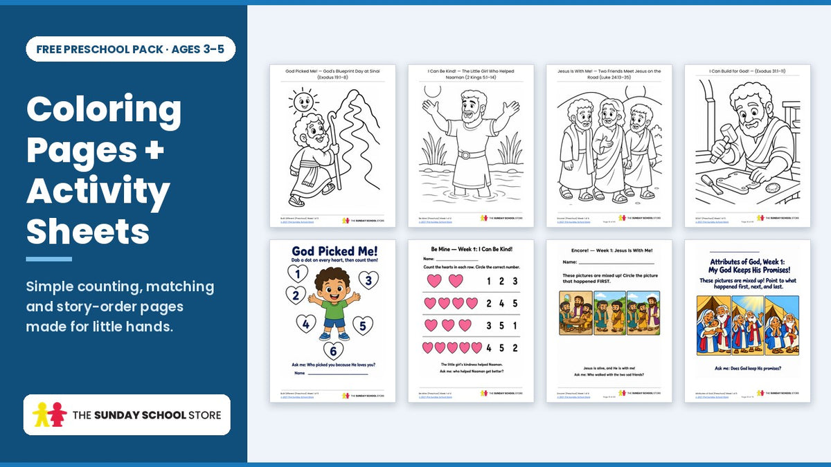 Preschool coloring pages and counting, matching and story-order activity sheets
