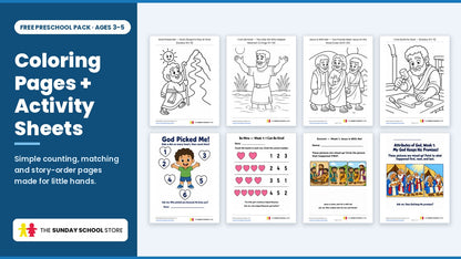 Preschool coloring pages and counting, matching and story-order activity sheets