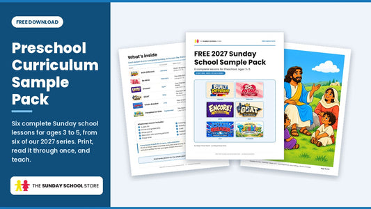 Free preschool Sunday school sample pack: Start Here guide and six lessons from six 2027 series, ages 3 to 5