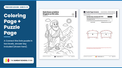 Coloring page and puzzle page from the free Ten Commandments Sunday school lesson for kids ages 6 to 12
