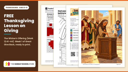 Free Thanksgiving Sunday school lesson on giving for kids ages 6 to 12: The Widow's Offering (Mark 12:41-44), Week 1 of Great Give Back