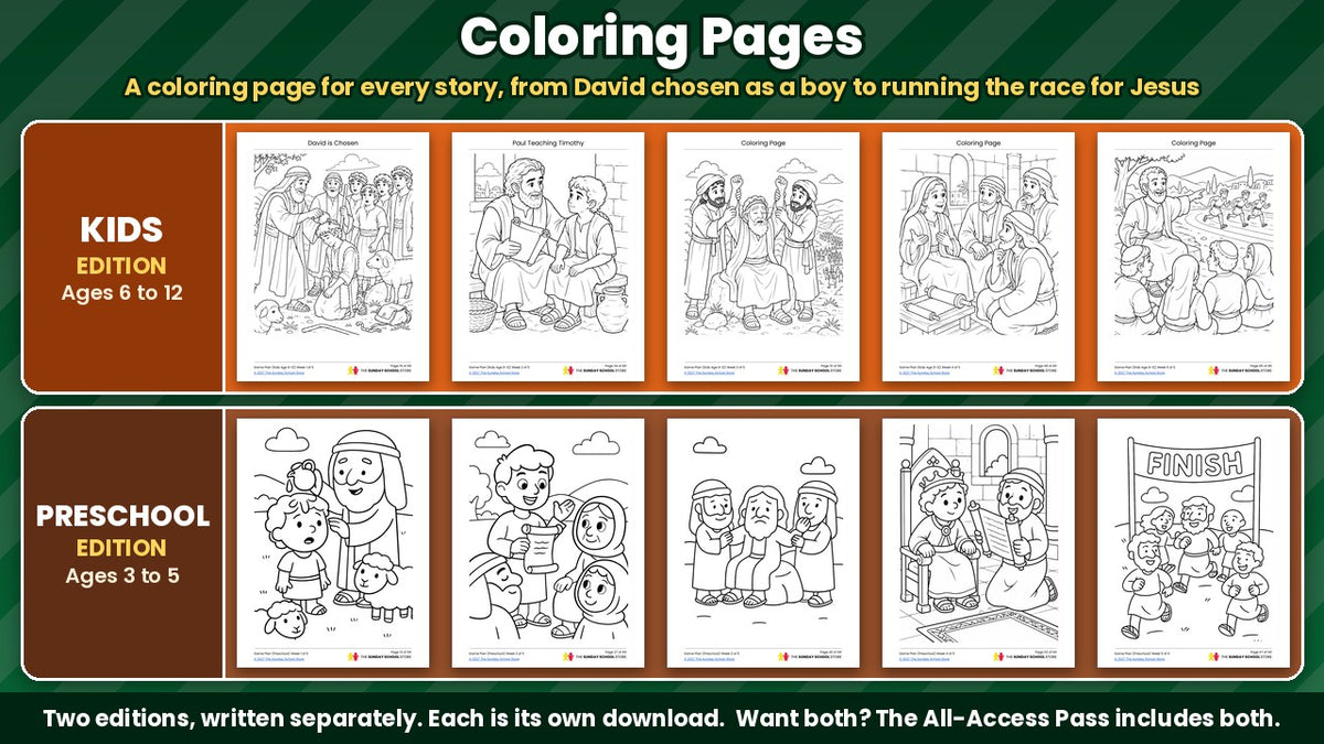 Game Plan Sunday School curriculum: a Bible coloring page for every week, Kids edition and Preschool edition
