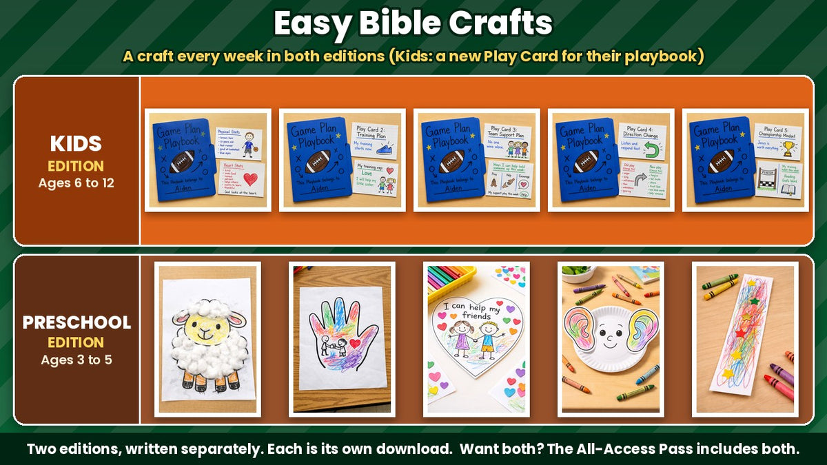 Game Plan Sunday School curriculum: easy Bible crafts, Kids Play Card playbook and Preschool crafts shown finished