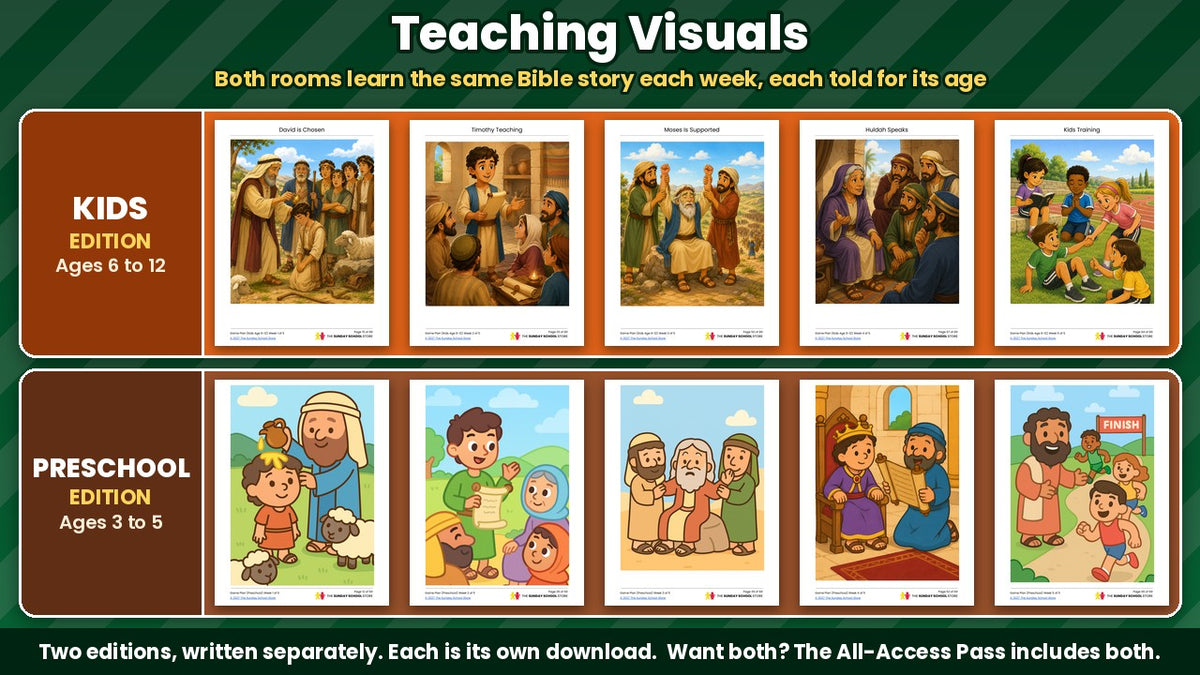 Game Plan Sunday School curriculum: Bible story teaching visuals for all 5 weeks, Kids edition (ages 6 to 12) and Preschool edition (ages 3 to 5)