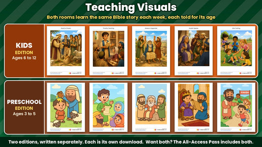 Game Plan Sunday School curriculum: Bible story teaching visuals for all 5 weeks, Kids edition (ages 6 to 12) and Preschool edition (ages 3 to 5)