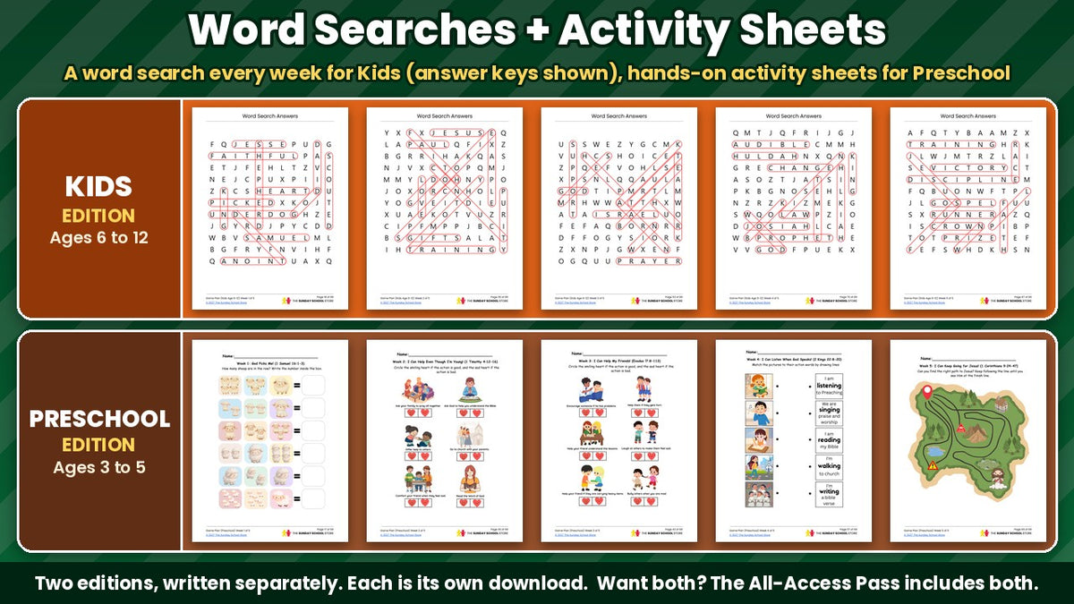 Game Plan Sunday School curriculum: Kids word search answer keys and Preschool activity sheets for all 5 weeks