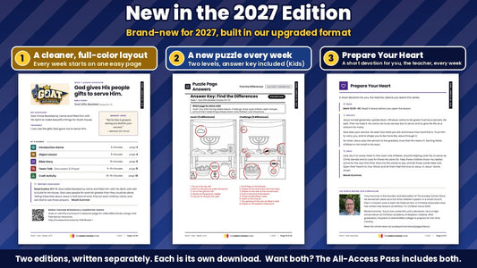 New in the GOAT 2027 Edition: the full-color Week 1 lesson overview page, a puzzle answer key with two levels, and the Prepare Your Heart teacher devotion, from the Kids edition (ages 6 to 12), King James Version