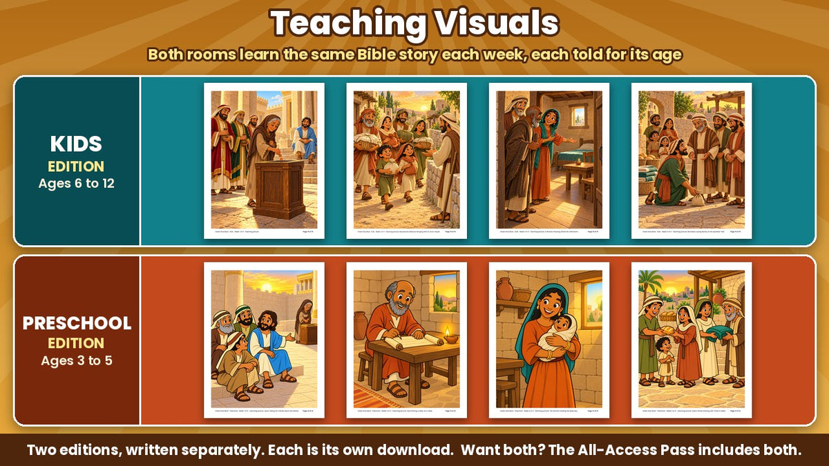 Great Give Back teaching visuals: color Bible story pictures for all 4 weeks, Kids edition (ages 6 to 12) and Preschool edition (ages 3 to 5) shown separately