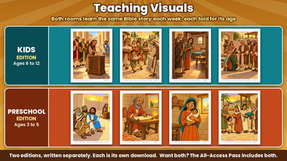 Great Give Back teaching visuals: color Bible story pictures for all 4 weeks, Kids edition (ages 6 to 12) and Preschool edition (ages 3 to 5) shown separately