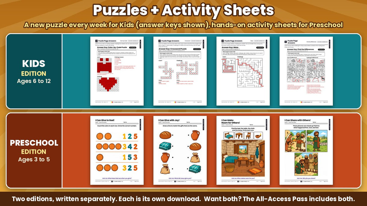 Great Give Back puzzle pages with answer keys for Kids (ages 6 to 12) and printable activity sheets for Preschool (ages 3 to 5), all 4 weeks