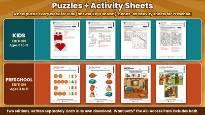 Great Give Back puzzle pages with answer keys for Kids (ages 6 to 12) and printable activity sheets for Preschool (ages 3 to 5), all 4 weeks