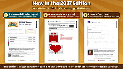 New in the Great Give Back 2027 Edition: the full-color Week 1 lesson overview page, a puzzle answer key with two levels, and the Prepare Your Heart teacher devotion, from the Kids edition (ages 6 to 12), King James Version