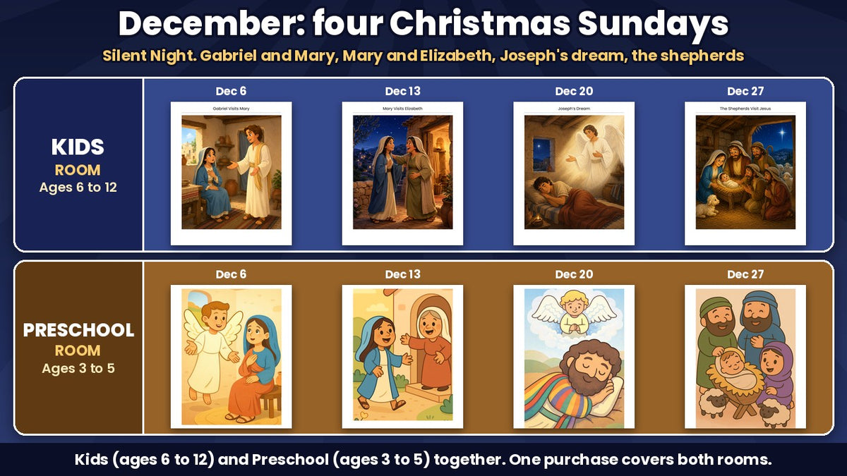 Four Christmas Sunday school lessons for December 2026 from Silent Night, Kids (ages 6 to 12) and Preschool (ages 3 to 5) Bible story pictures, in the Holiday 2026 Curriculum Bundle