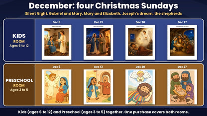 Four Christmas Sunday school lessons for December 2026 from Silent Night, Kids (ages 6 to 12) and Preschool (ages 3 to 5) Bible story pictures, in the Holiday 2026 Curriculum Bundle