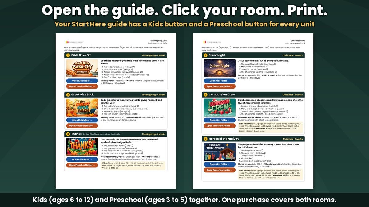 Two pages of the Holiday 2026 Curriculum Bundle Start Here guide, with a Kids folder button and a Preschool folder button for each of the six units