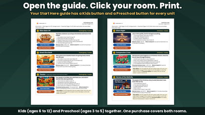 Two pages of the Holiday 2026 Curriculum Bundle Start Here guide, with a Kids folder button and a Preschool folder button for each of the six units