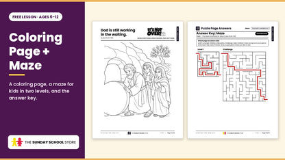 The Week 1 coloring page of Jesus' friends at the tomb and the maze answer key with Level 1 and Challenge mazes.