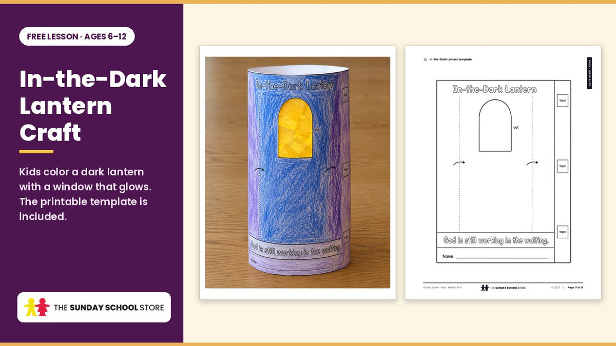 A finished In-the-Dark Lantern craft with a glowing tissue-paper window, and its printable template.