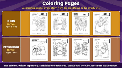 It's Not Over! Easter coloring pages for every week, Kids edition and Preschool edition shown separately