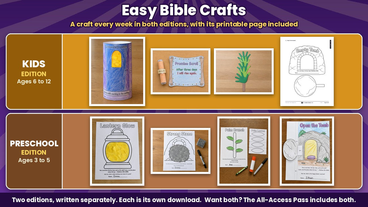 It's Not Over! Easter Bible crafts for every week: lantern, promise scroll, palm branch and empty tomb (Kids), lantern glow, strong stone, palm branch and open the tomb (Preschool)