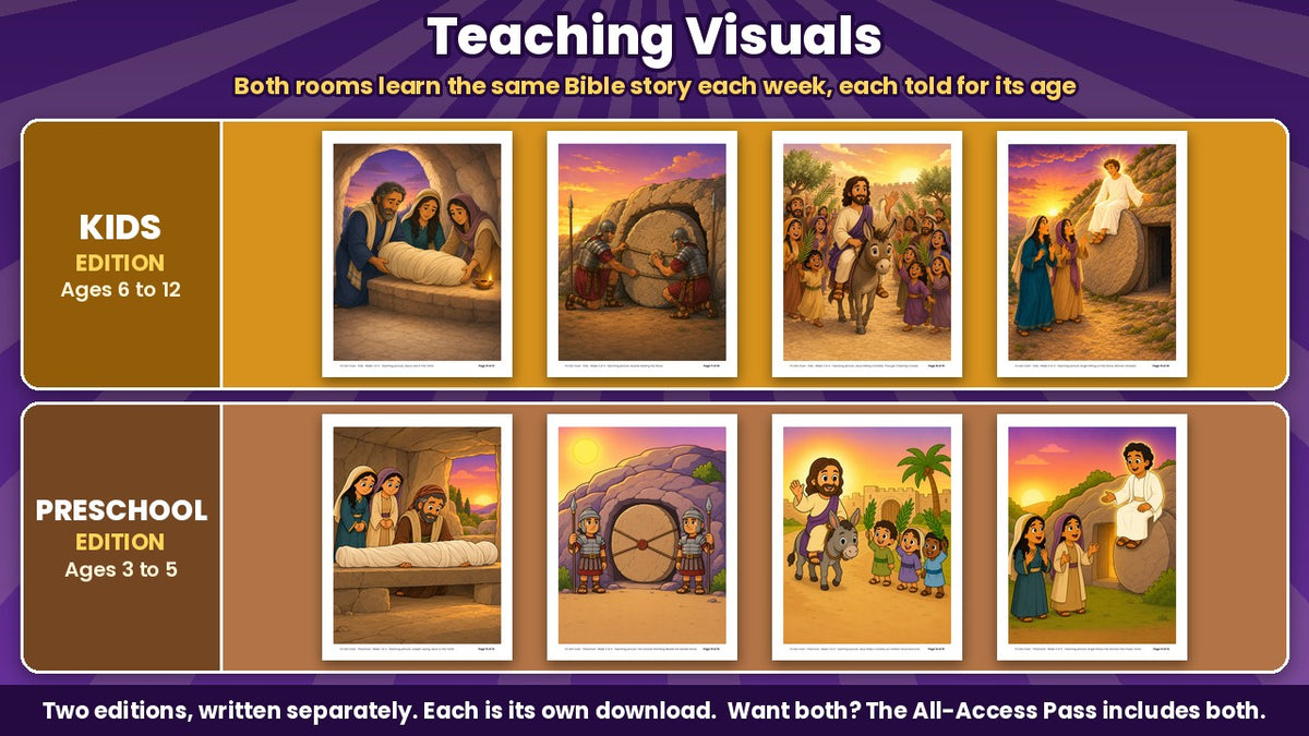 It's Not Over! Easter curriculum teaching pictures: the Kids edition and the Preschool edition each have their own Bible story pictures for all 4 weeks