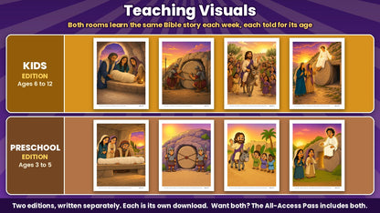 It's Not Over! Easter curriculum teaching pictures: the Kids edition and the Preschool edition each have their own Bible story pictures for all 4 weeks