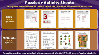 It's Not Over! Kids edition puzzle answer keys (maze, color by code, connect the dots, crossword) and Preschool edition activity sheets