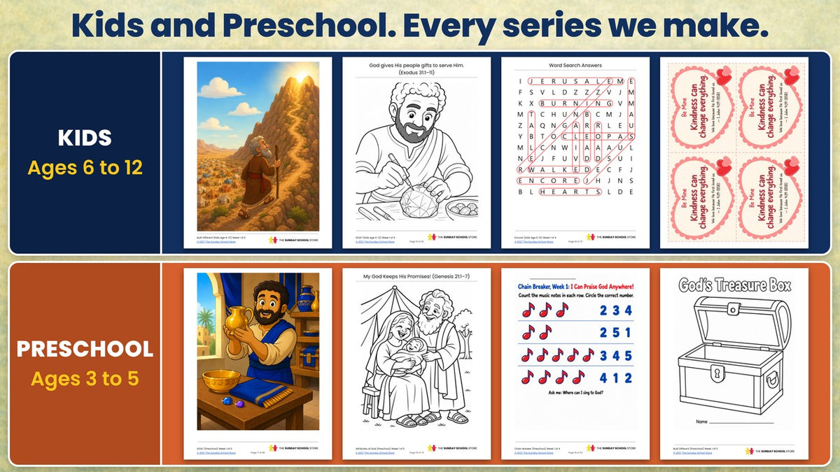 All-Access Pass: Kids and Preschool, every series we make. Kids edition, ages 6 to 12: a Bible teaching picture, a coloring page, a solved word search and a craft printable. Preschool edition, ages 3 to 5: a teaching picture, a coloring page, a counting activity sheet and a craft page.