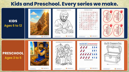 All-Access Pass: Kids and Preschool, every series we make. Kids edition, ages 6 to 12: a Bible teaching picture, a coloring page, a solved word search and a craft printable. Preschool edition, ages 3 to 5: a teaching picture, a coloring page, a counting activity sheet and a craft page.