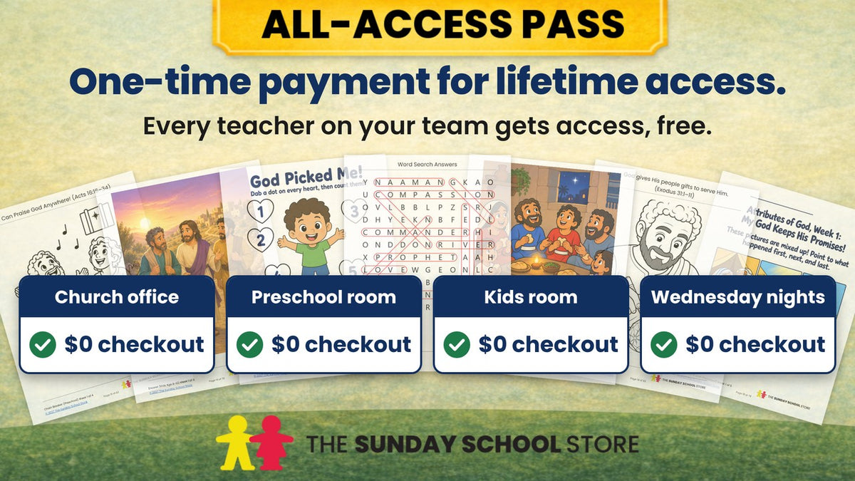 All-Access Pass: one-time payment for lifetime access. Every teacher on your team gets access, free. Four cards, Church office, Preschool room, Kids room and Wednesday nights, each marked $0 checkout, over Kids and Preschool lesson pages.
