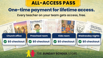 All-Access Pass: one-time payment for lifetime access. Every teacher on your team gets access, free. Four cards, Church office, Preschool room, Kids room and Wednesday nights, each marked $0 checkout, over Kids and Preschool lesson pages.
