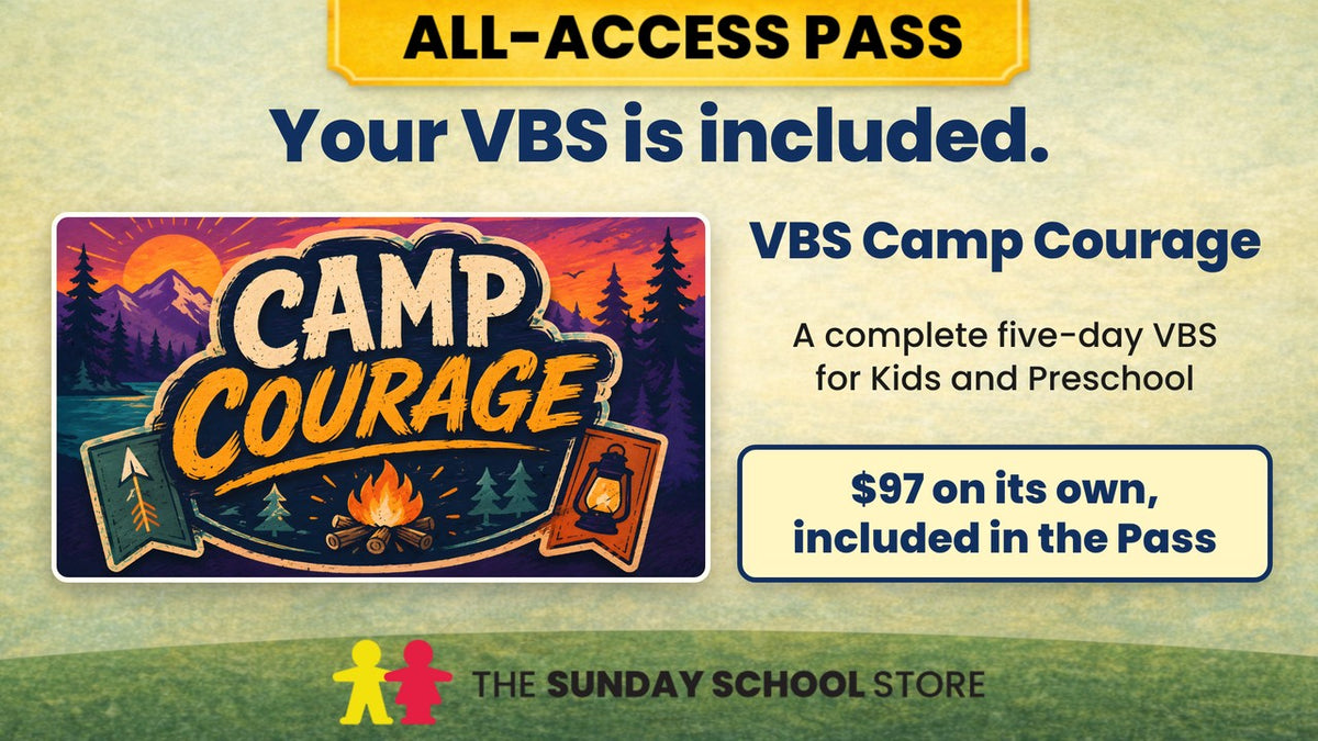 Your VBS is included with the All-Access Pass. VBS Camp Courage, a complete five-day Vacation Bible School for Kids and Preschool. $97 on its own, included in the Pass.