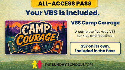 Your VBS is included with the All-Access Pass. VBS Camp Courage, a complete five-day Vacation Bible School for Kids and Preschool. $97 on its own, included in the Pass.