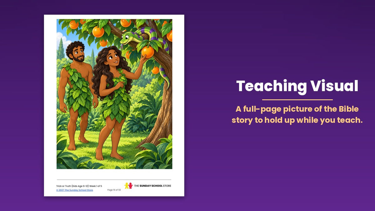 Teaching Visual from the free Halloween Sunday school lesson (Trick or Truth Week 1) for kids ages 6 to 12