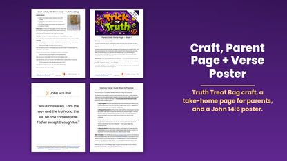 Craft, Parent Page + Verse Poster from the free Halloween Sunday school lesson (Trick or Truth Week 1) for kids ages 6 to 12