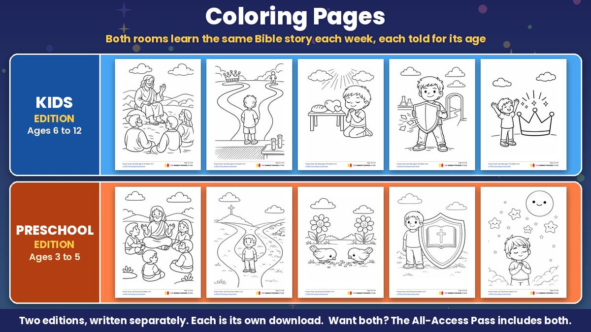 Bible coloring pages from the Prayer Power Lab 5-week Sunday school curriculum on the Lord's Prayer, Kids edition (ages 6 to 12) and Preschool edition (ages 3 to 5), sold separately