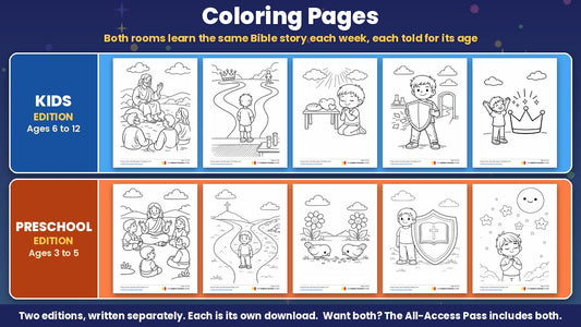 Bible coloring pages from the Prayer Power Lab 5-week Sunday school curriculum on the Lord's Prayer, Kids edition (ages 6 to 12) and Preschool edition (ages 3 to 5), sold separately