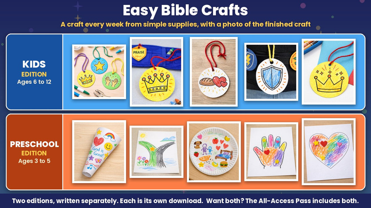 Finished Bible crafts from the Prayer Power Lab curriculum: Kids edition prayer toolbelt badges (ages 6 to 12) and Preschool edition crafts (ages 3 to 5)