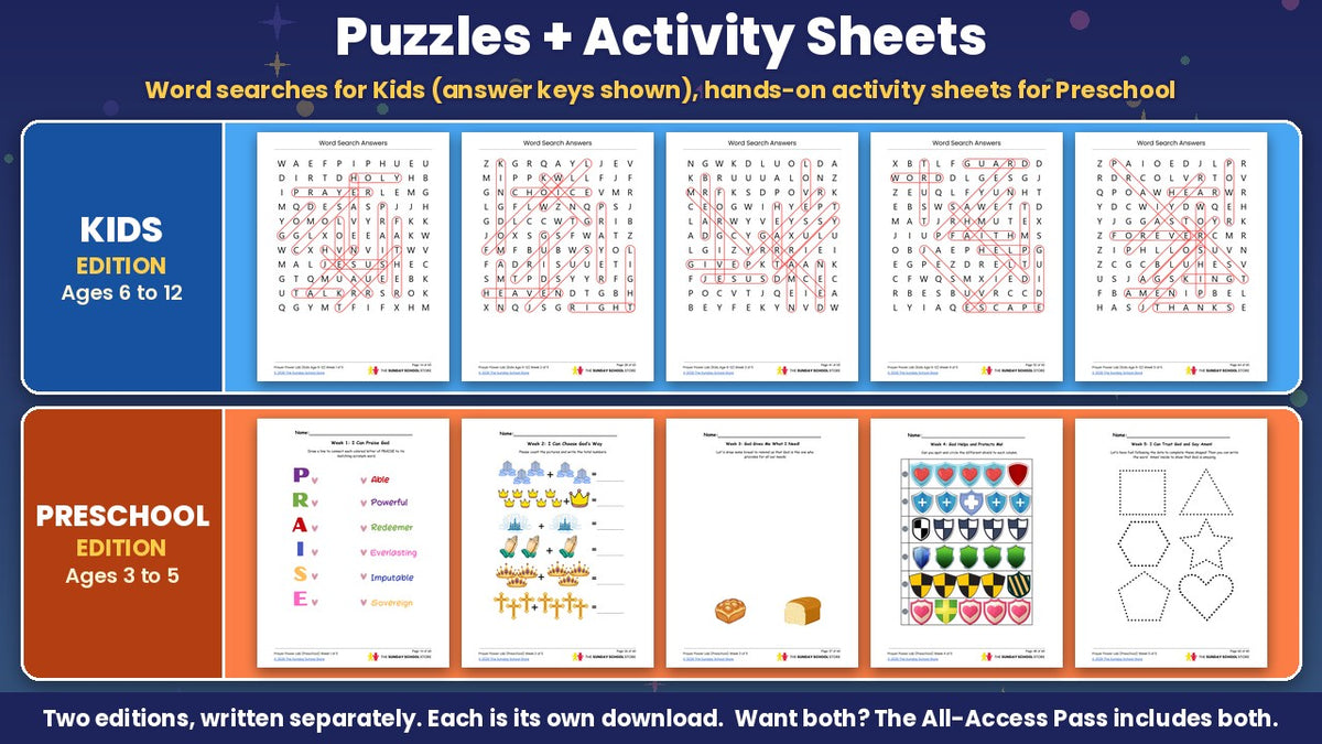 Kids word search answer keys and Preschool activity sheets from the Prayer Power Lab 5-week Lord's Prayer Sunday school curriculum
